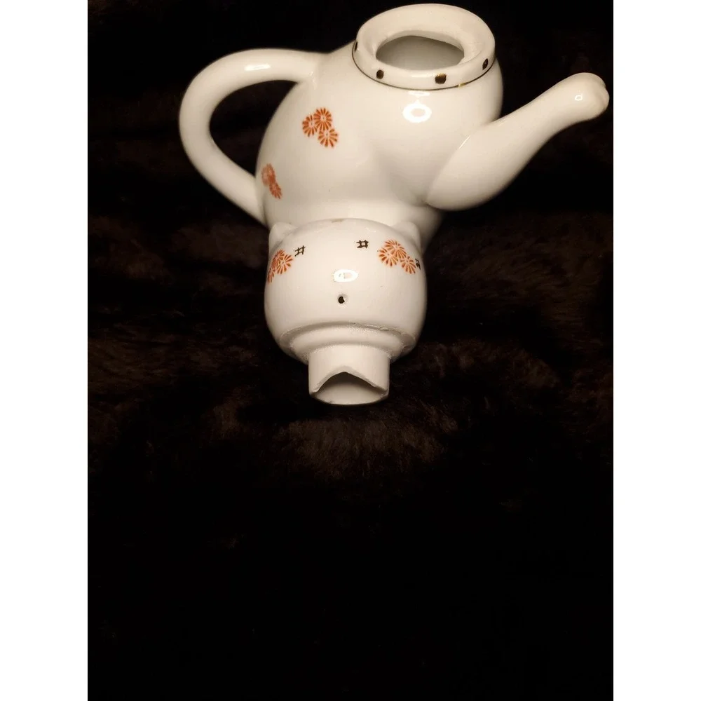 Vtg Lucky Cat / Kitten Porcelain Tea Pot White With Red Flowers Gold Trim